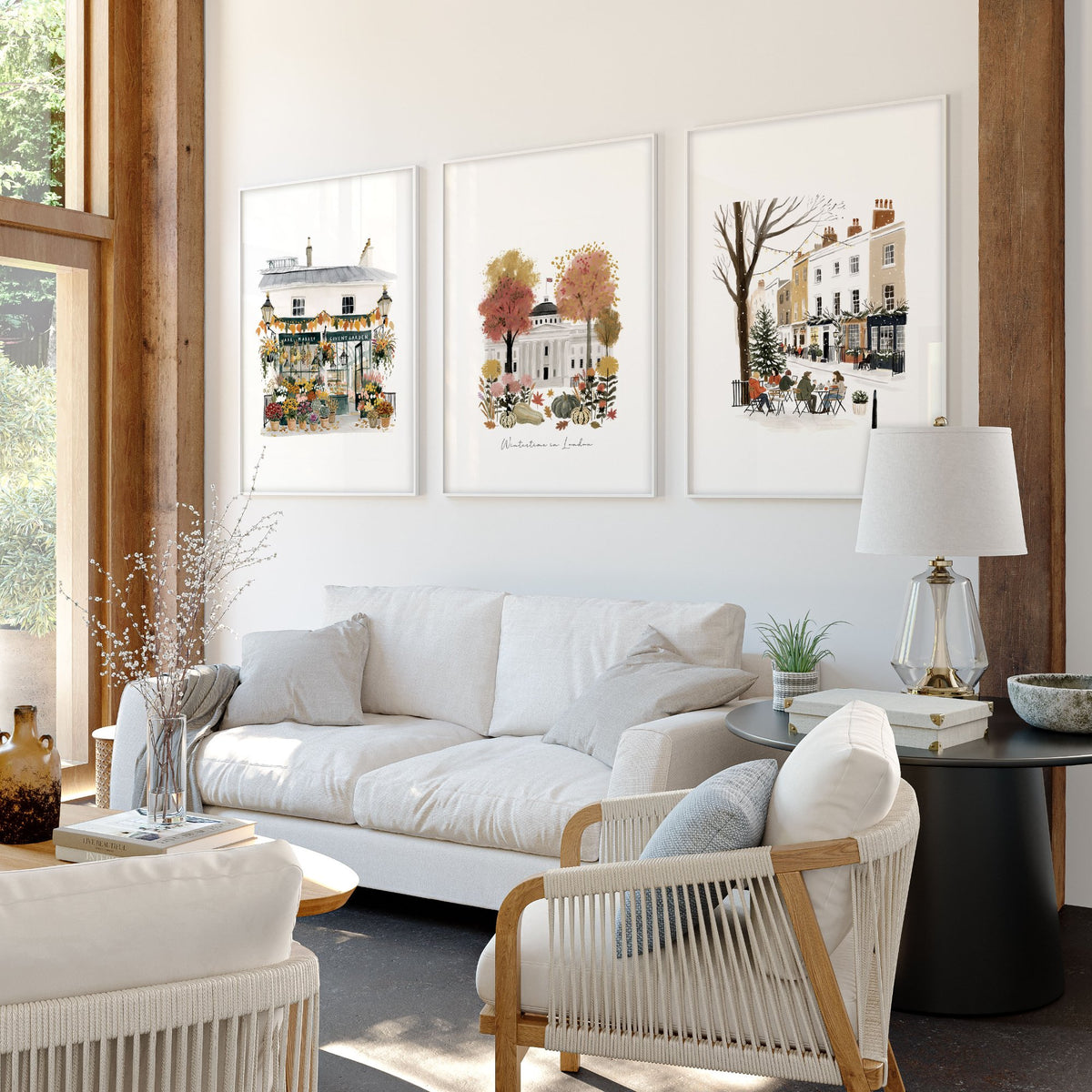 Picture for Wall Living Room London Travel wall art | "Wintertime in London" Covent Garden Terracotta Set of 3 displayed on a wall in a styled room — view 7