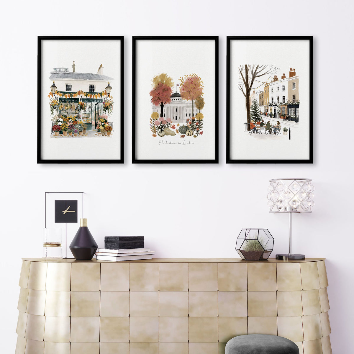 Picture for Wall Living Room London Travel wall art | "Wintertime in London" Covent Garden Terracotta Set of 3 displayed on a wall in a styled room — view 8