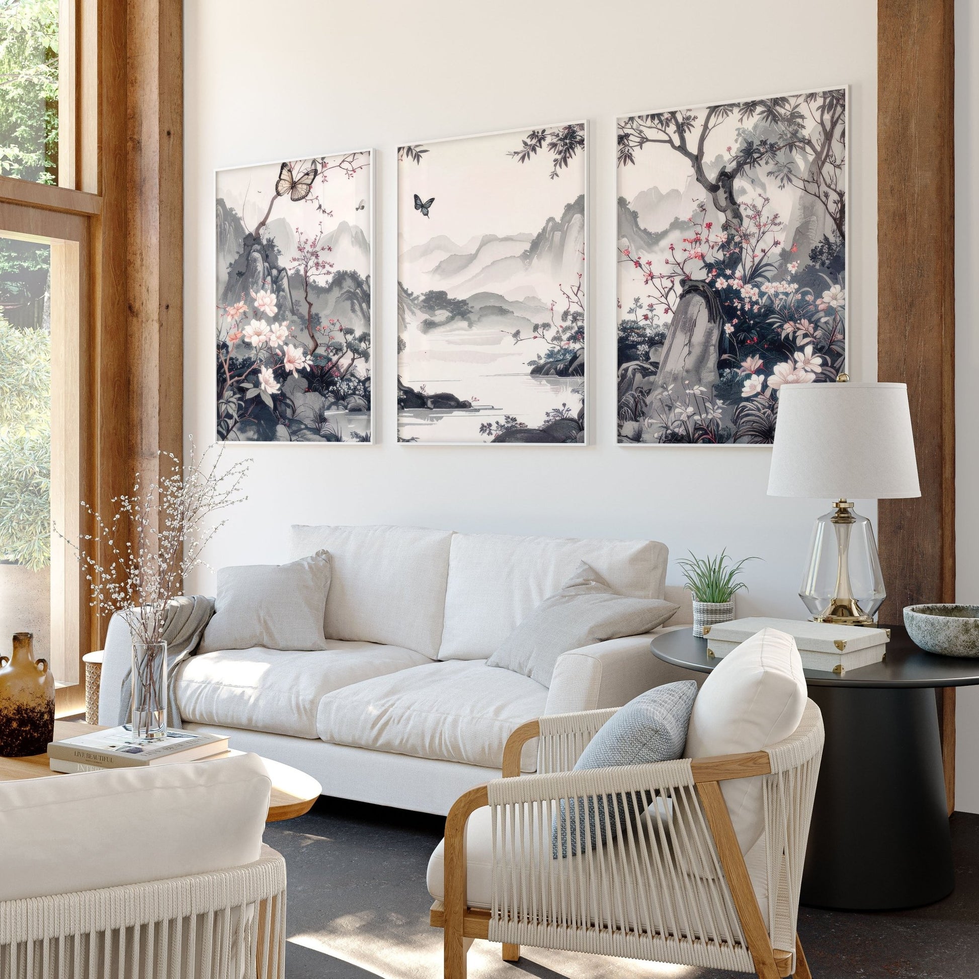 Picture Walls Living Room | Set of 3 Chinoiserie Wall art Prints