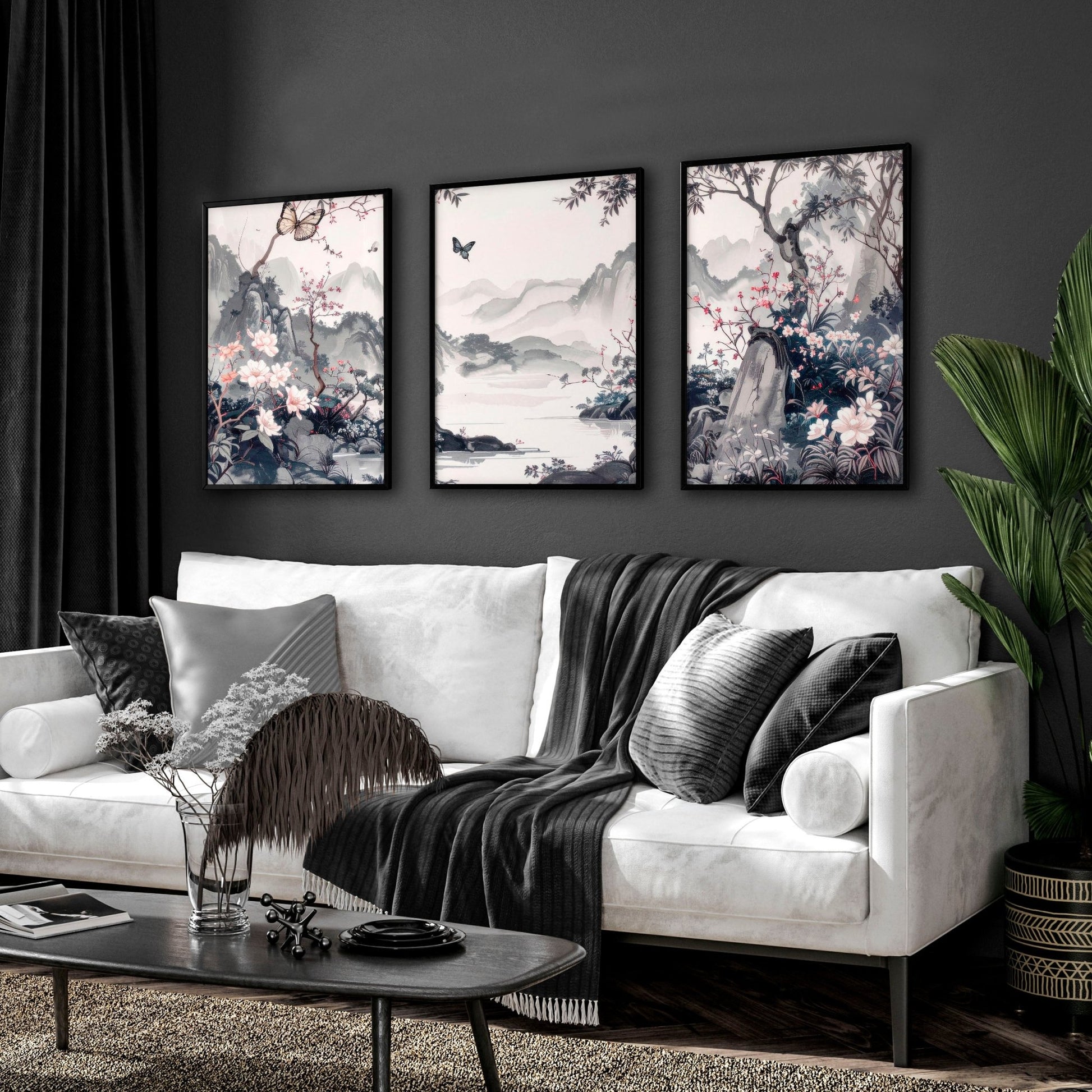 Picture Walls Living Room | Set of 3 Chinoiserie Wall art Prints