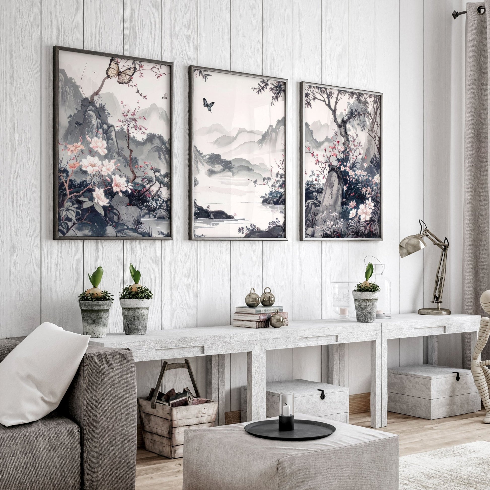 Picture Walls Living Room | Set of 3 Chinoiserie Wall art Prints