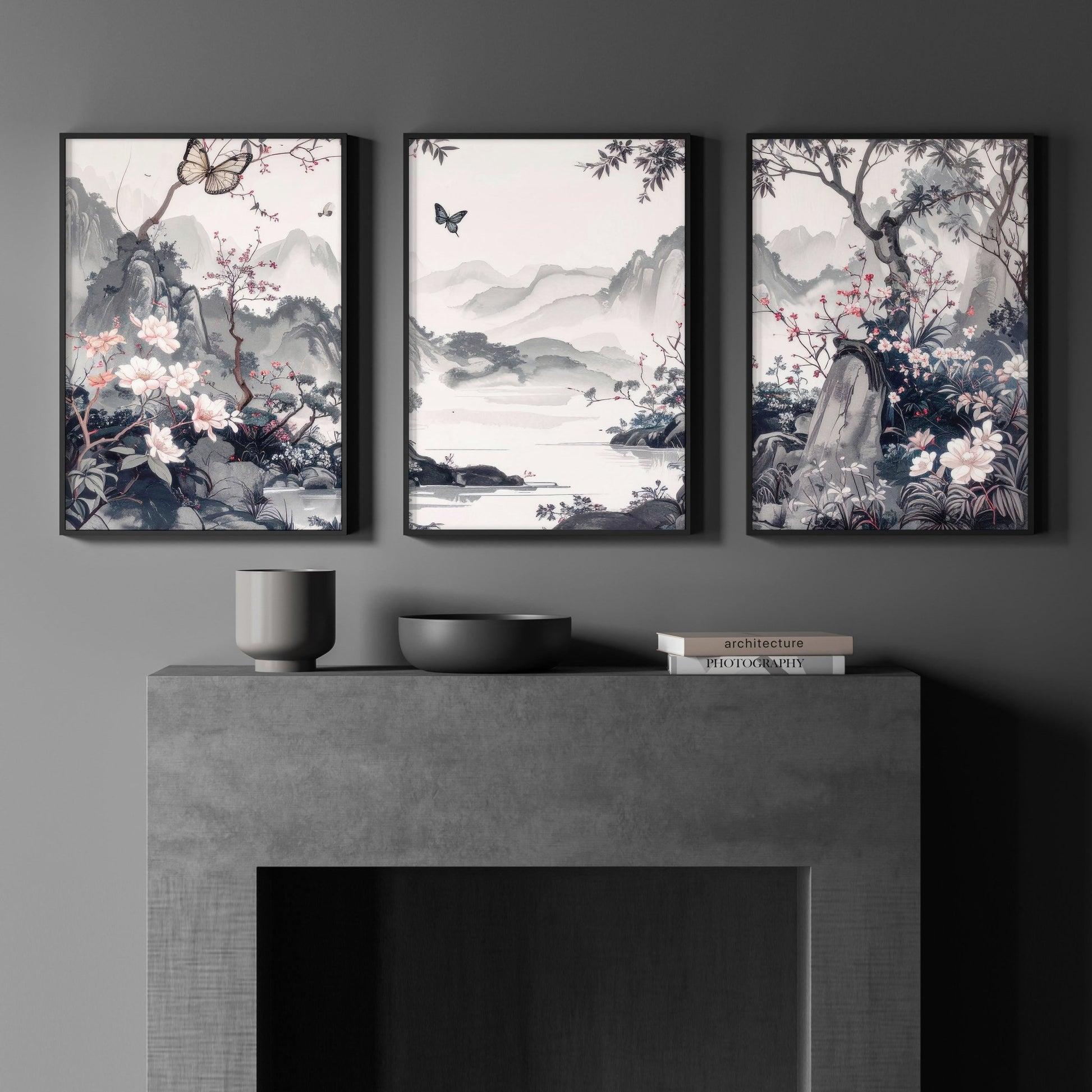 Picture Walls Living Room | Set of 3 Chinoiserie Wall art Prints