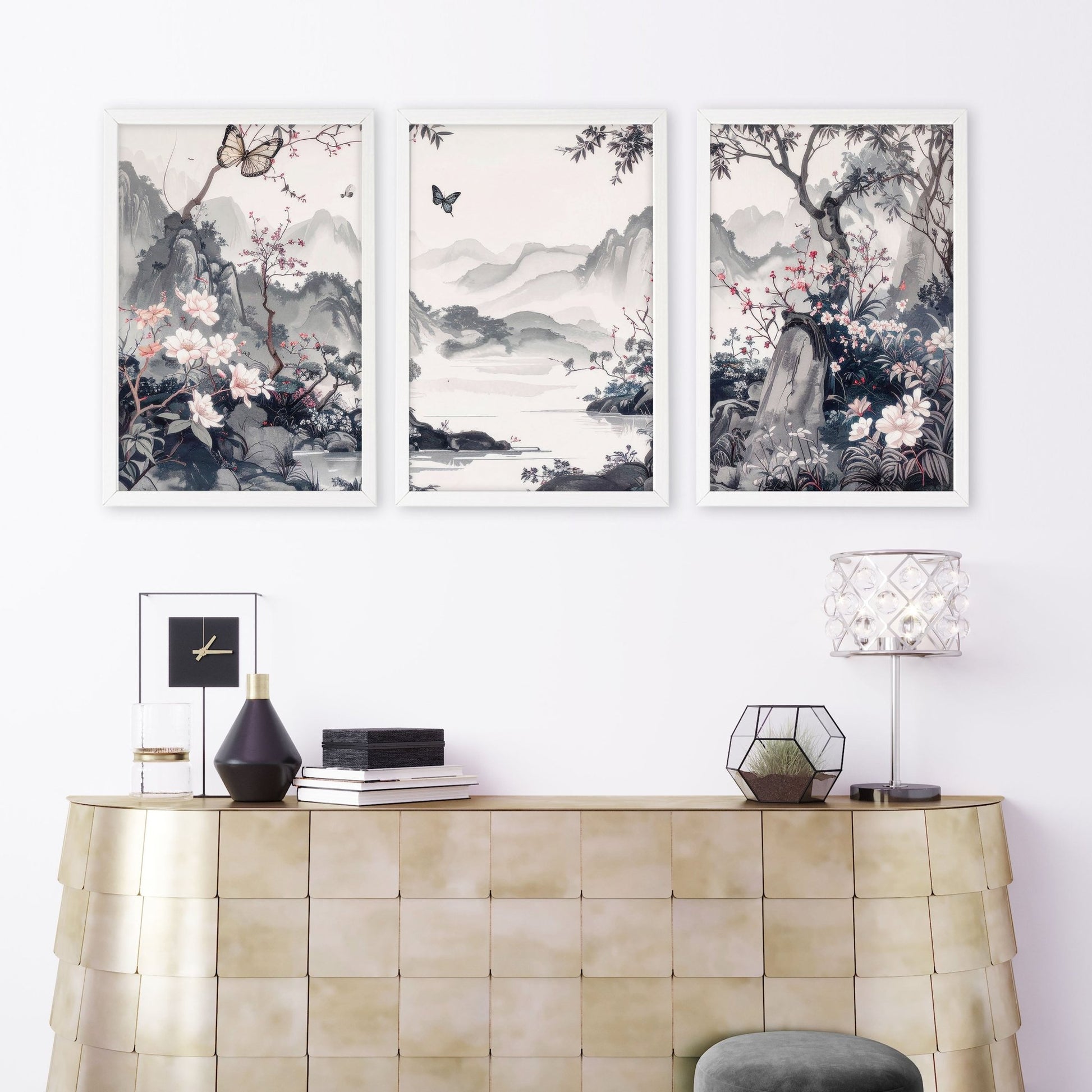 Picture Walls Living Room | Set of 3 Chinoiserie Wall art Prints