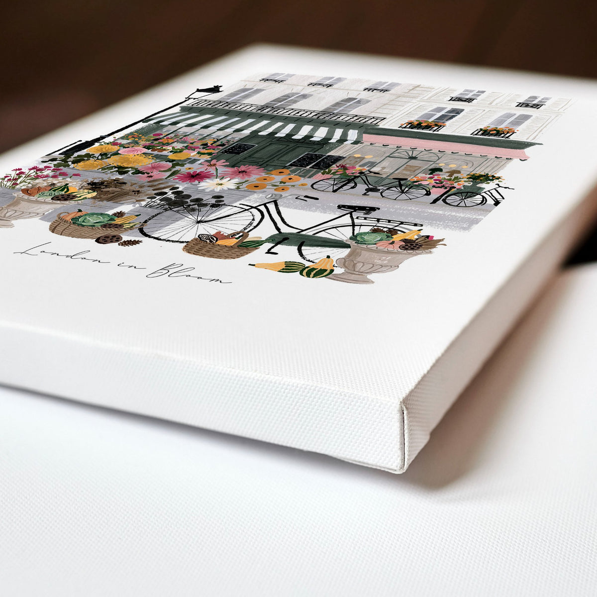 Pictures for a Kitchen "London in Bloom" British Travel wall art displayed on a wall in a styled room