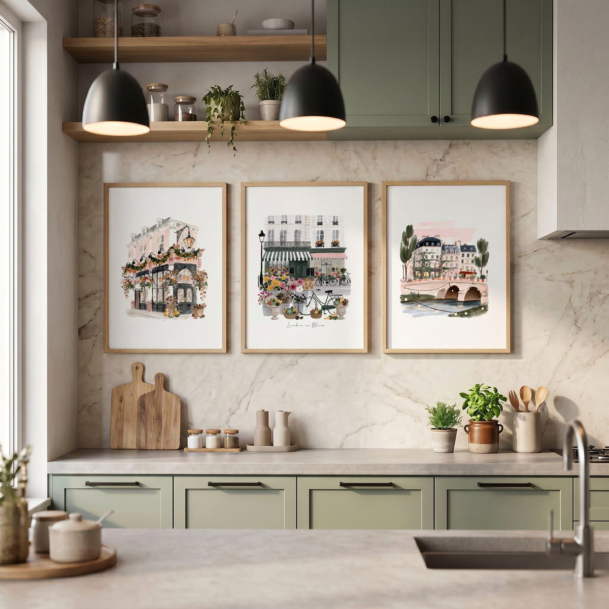 Pictures for a Kitchen "London in Bloom" British Travel wall art displayed on a wall in a styled room — view 2