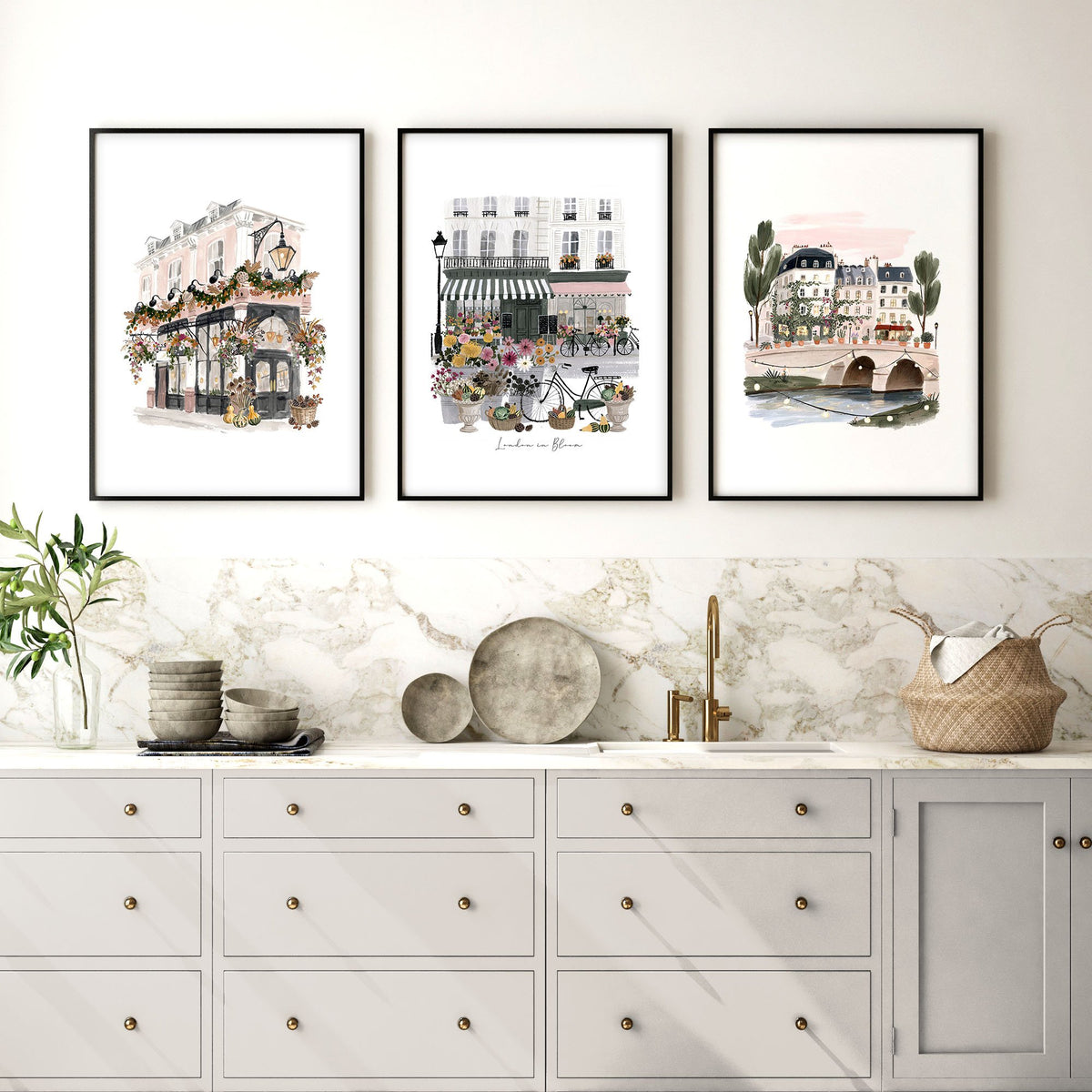 Pictures for a Kitchen "London in Bloom" British Travel wall art displayed on a wall in a styled room — view 6