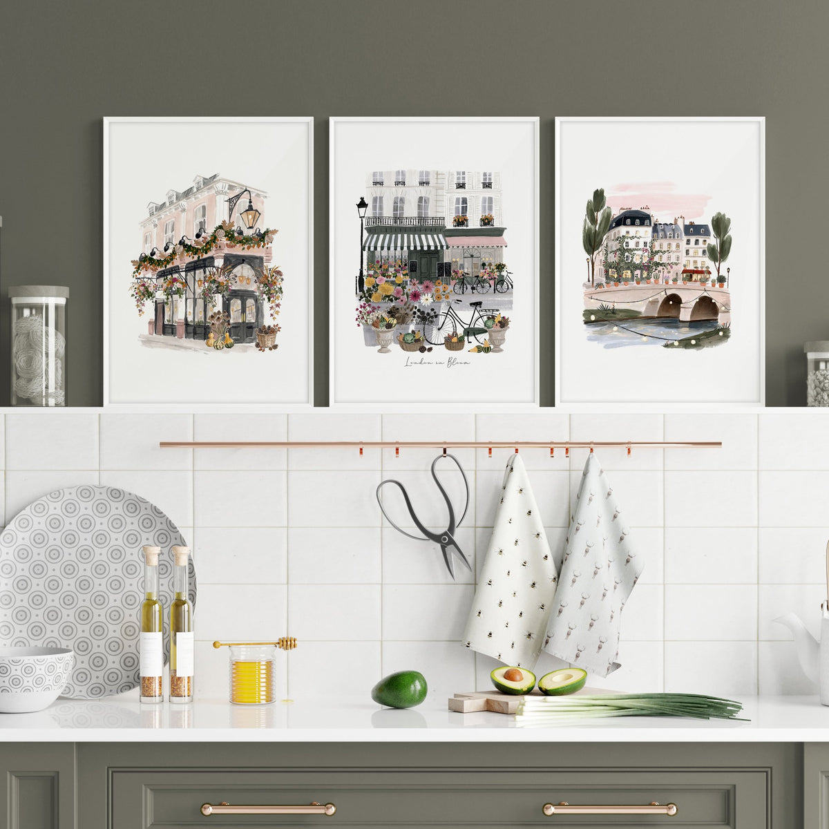 Pictures for a Kitchen "London in Bloom" British Travel wall art displayed on a wall in a styled room — view 7