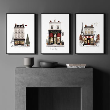 Pictures for Above Fireplace Paris Boutique Street Scenes "Paris, pour toujours" displayed on a wall in a styled room