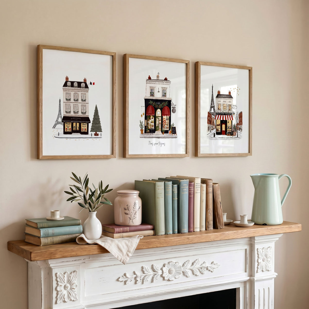 Pictures for Above Fireplace Paris Boutique Street Scenes "Paris, pour toujours" displayed on a wall in a styled room — view 3