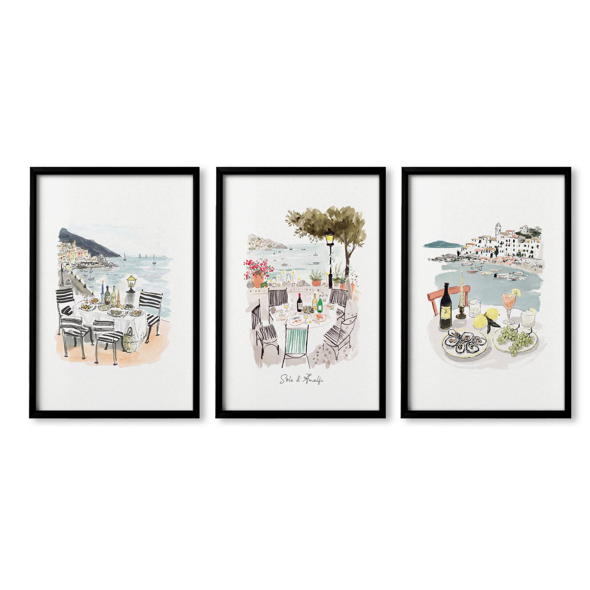 Pictures for Bathroom Coastal Amalfi Watercolour Dining Scenes wall art | "Sotto il sole d'Amalfi" in a black frame