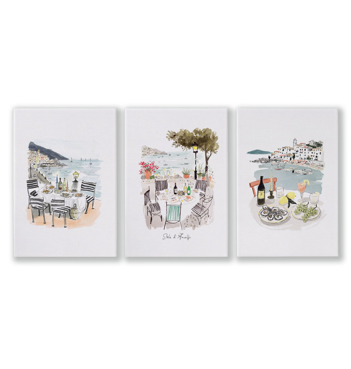 Pictures for Bathroom Coastal Amalfi Watercolour Dining Scenes wall art | "Sotto il sole d'Amalfi" as a wrapped canvas