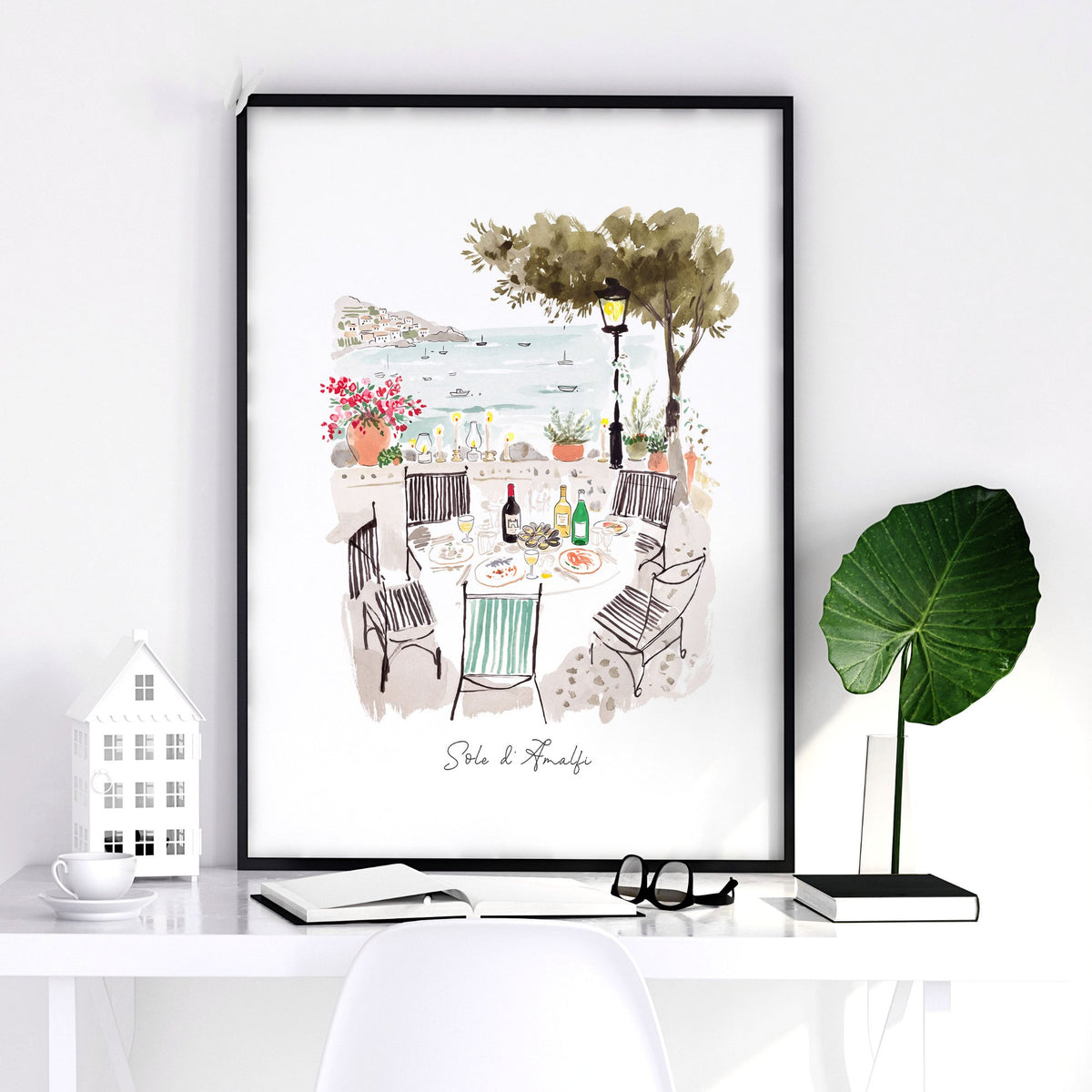 Pictures for Bathroom Coastal Amalfi Watercolour Dining Scenes wall art | "Sotto il sole d'Amalfi" — piece 2 of 3 in the set