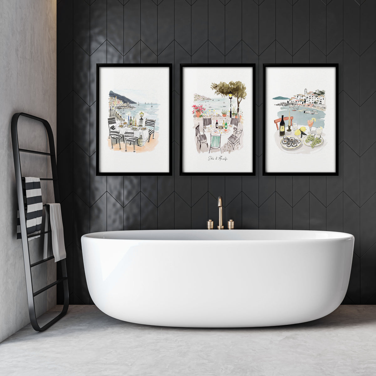 Pictures for Bathroom Coastal Amalfi Watercolour Dining Scenes wall art | "Sotto il sole d'Amalfi" displayed on a wall in a styled room — view 5