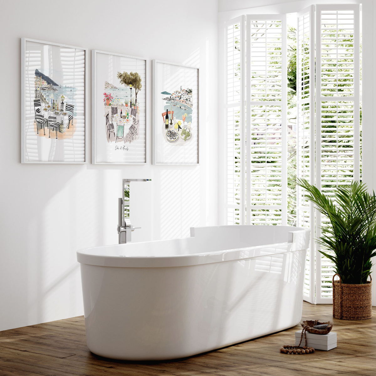 Pictures for Bathroom Coastal Amalfi Watercolour Dining Scenes wall art | "Sotto il sole d'Amalfi" displayed on a wall in a styled room — view 6