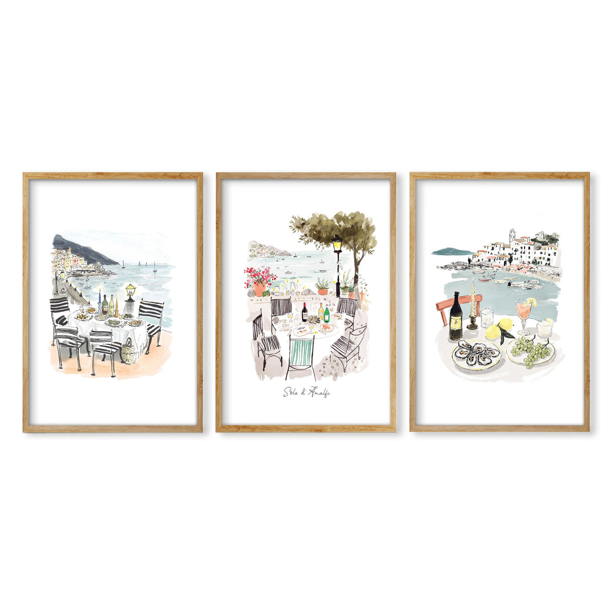 Pictures for Bathroom Coastal Amalfi Watercolour Dining Scenes wall art | "Sotto il sole d'Amalfi" in an oak frame