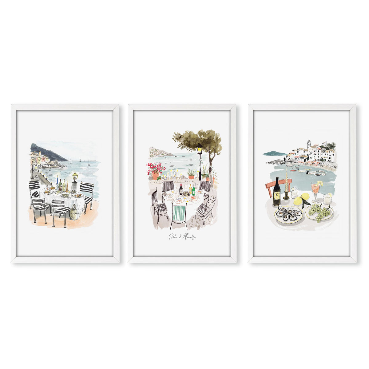 Pictures for Bathroom Coastal Amalfi Watercolour Dining Scenes wall art | "Sotto il sole d'Amalfi" in a white frame