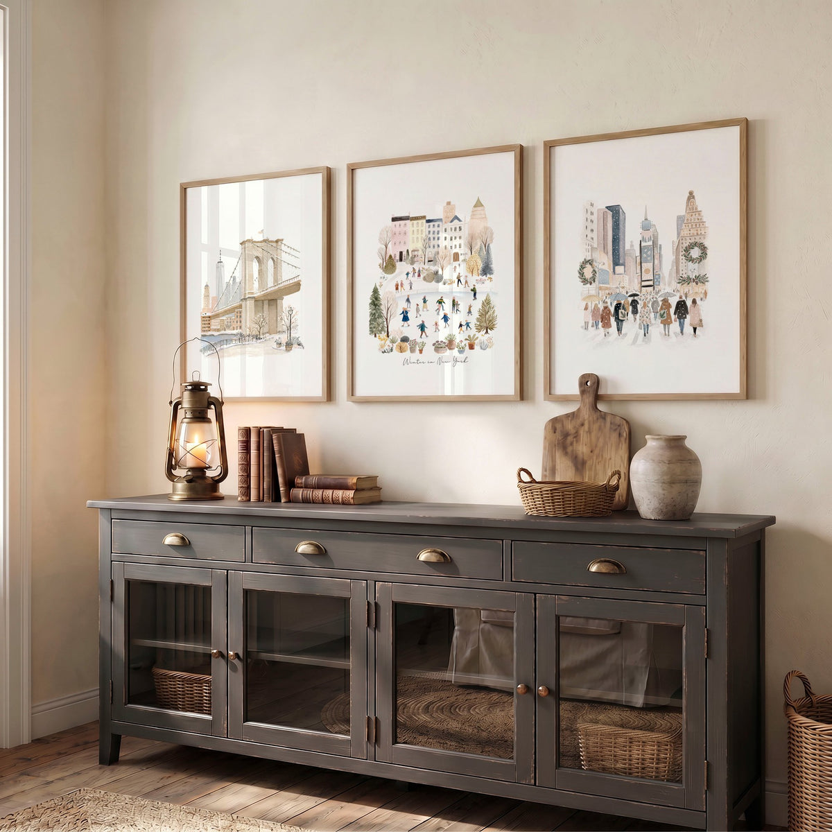Pictures for Home "Winter in New York" NYC Watercolour Travel wall art displayed on a wall in a styled room — view 5