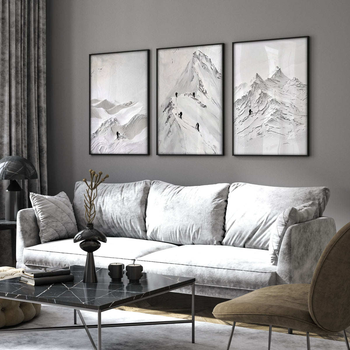 Pictures for Living Room Walls Scandi Mountain Climbers wall art displayed on a wall in a styled room