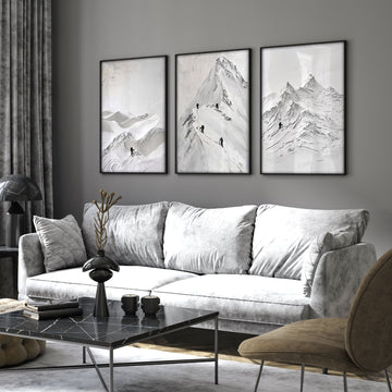 Pictures for Living Room Walls Scandi Mountain Climbers wall art displayed on a wall in a styled room