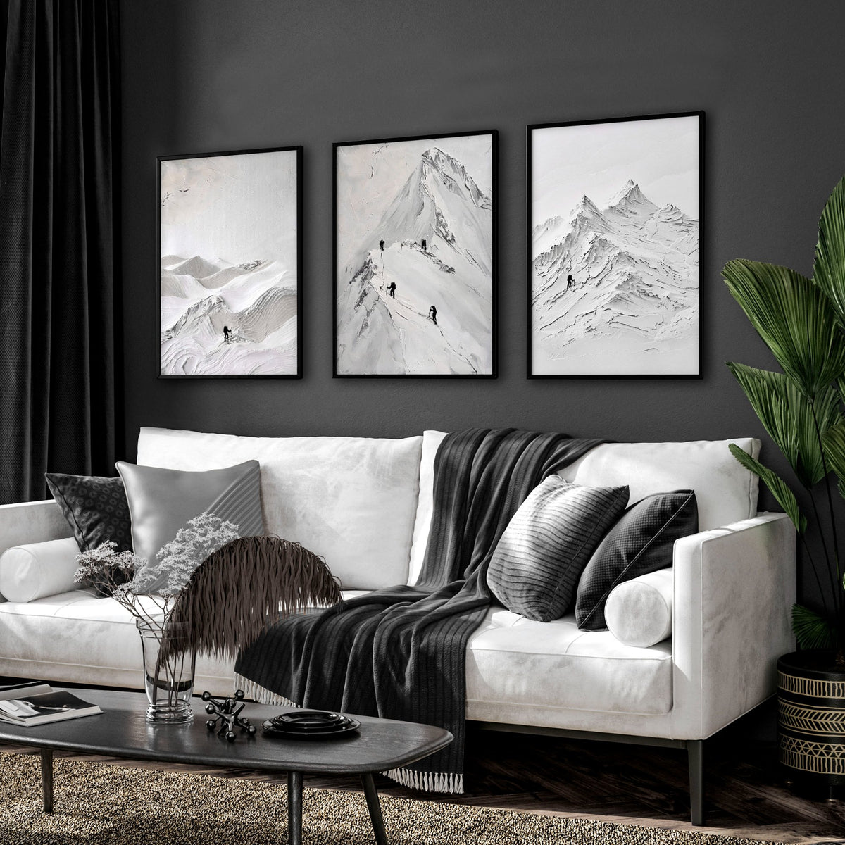 Pictures for Living Room Walls Scandi Mountain Climbers wall art displayed on a wall in a styled room — view 10
