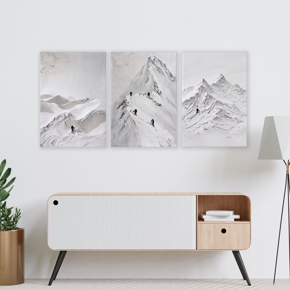 Pictures for Living Room Walls Scandi Mountain Climbers wall art displayed on a wall in a styled room — view 12