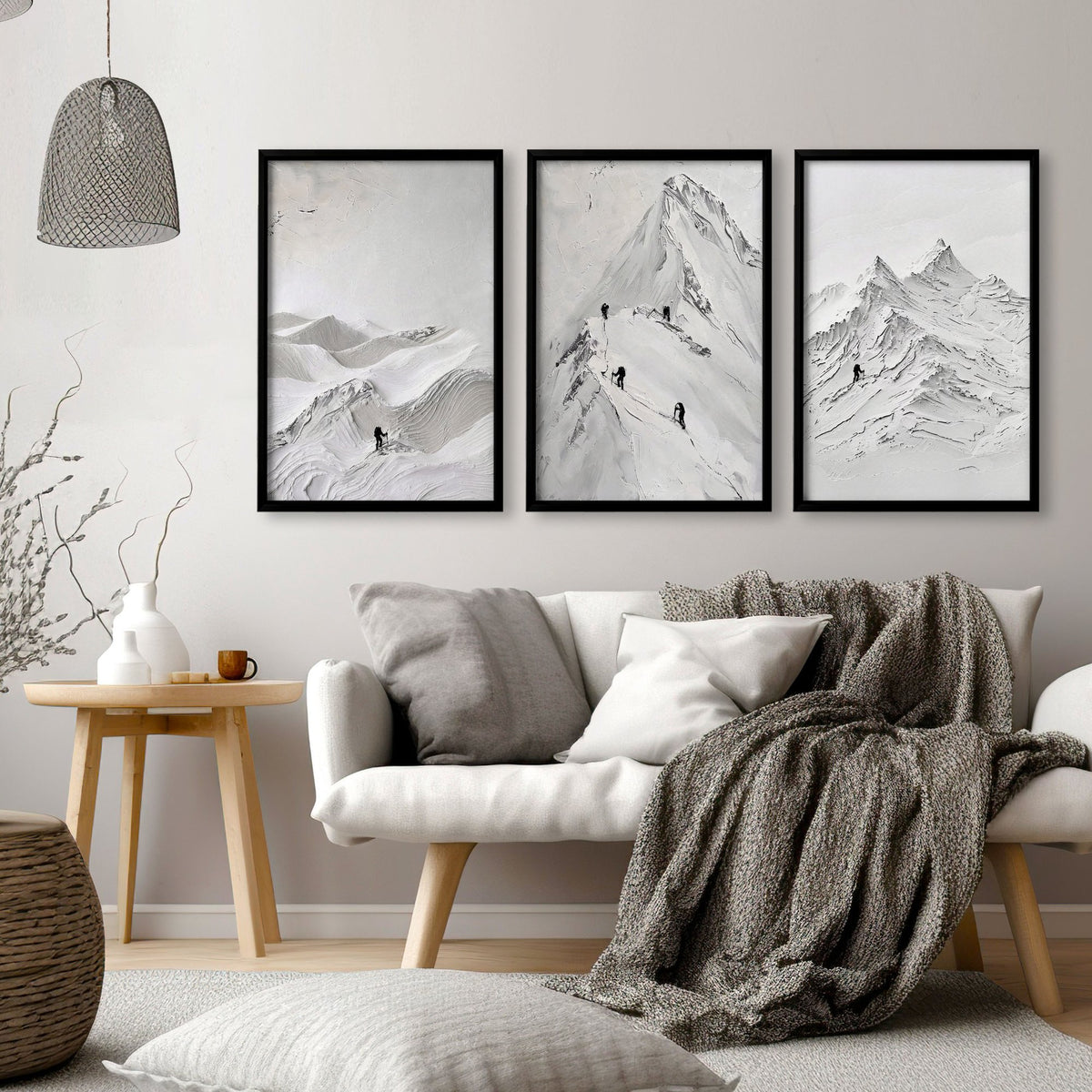 Pictures for Living Room Walls Scandi Mountain Climbers wall art displayed on a wall in a styled room — view 13