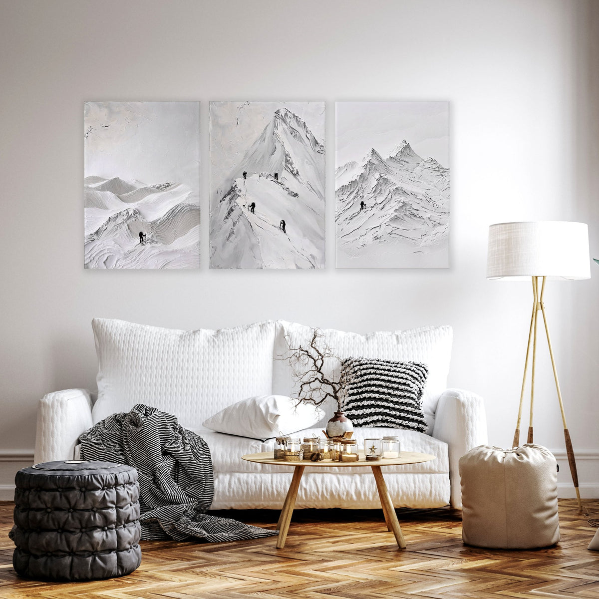 Pictures for Living Room Walls Scandi Mountain Climbers wall art displayed on a wall in a styled room — view 14
