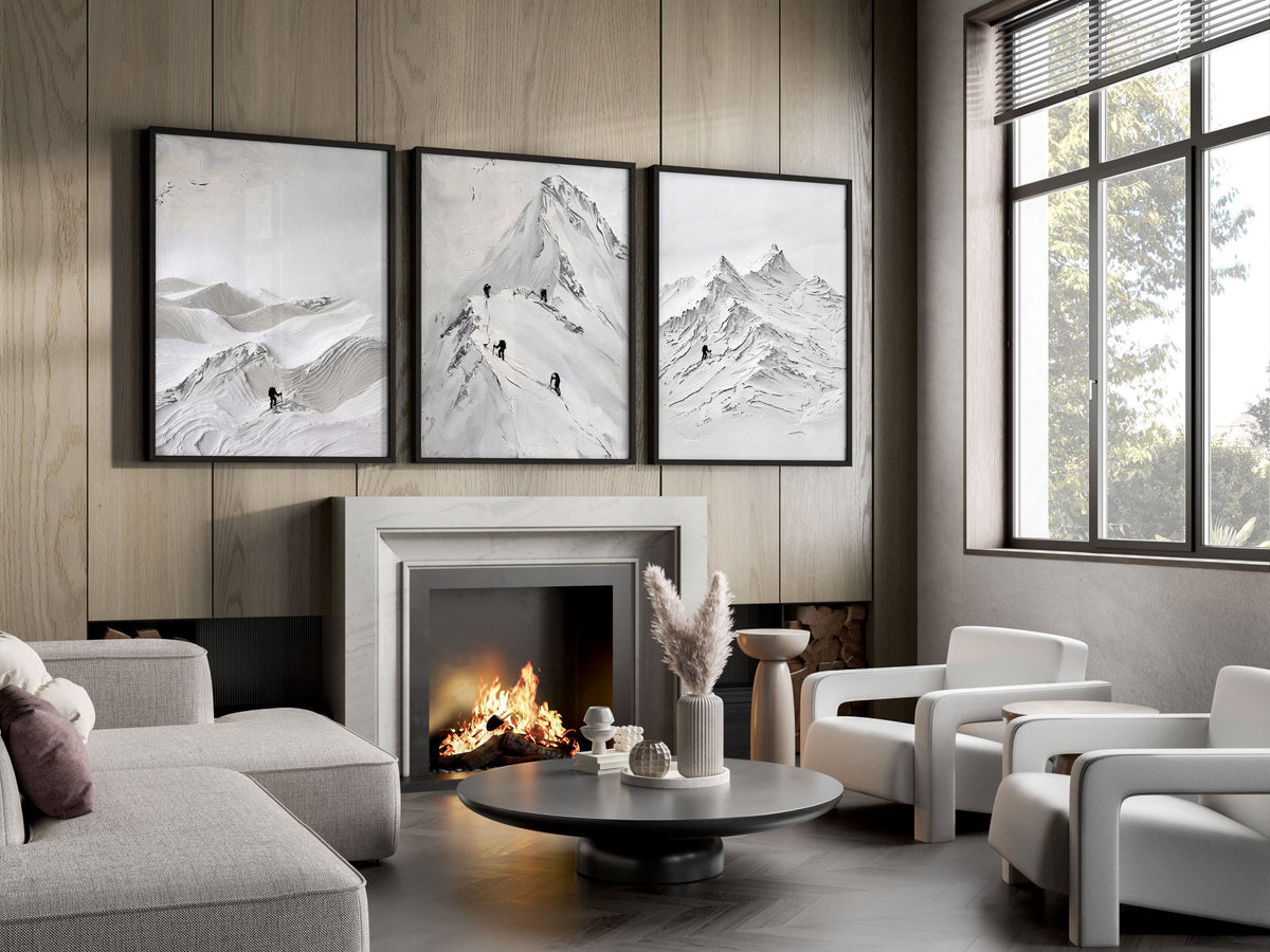 Pictures for Living Room Walls Scandi Mountain Climbers wall art displayed on a wall in a styled room — view 15