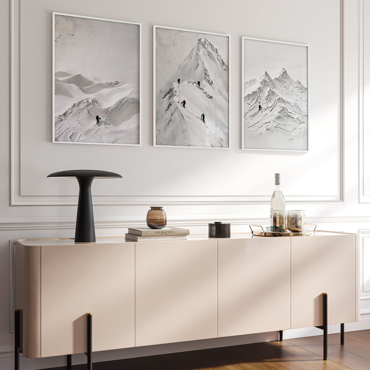 Pictures for Living Room Walls Scandi Mountain Climbers wall art displayed on a wall in a styled room — view 16