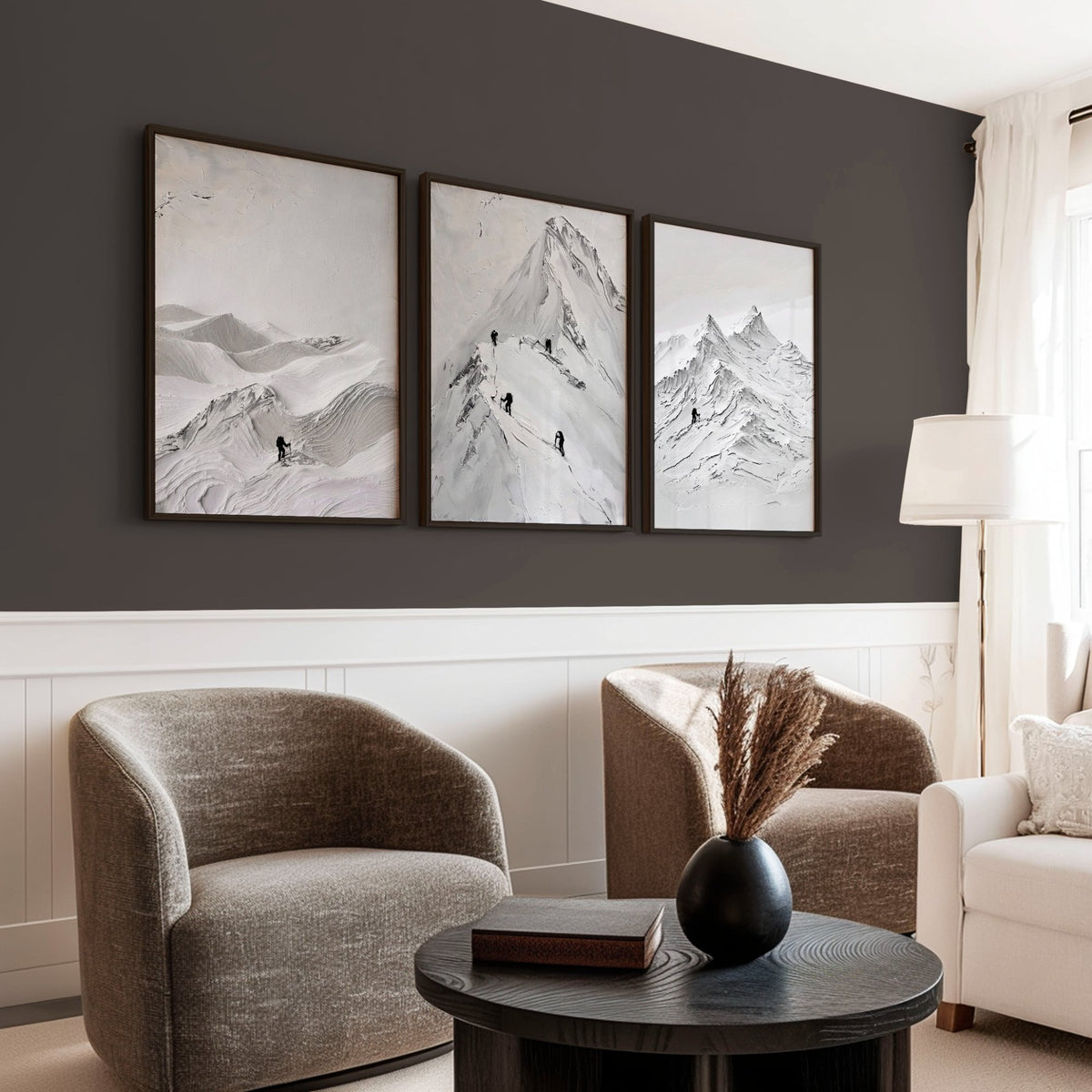 Pictures for Living Room Walls Scandi Mountain Climbers wall art displayed on a wall in a styled room — view 2
