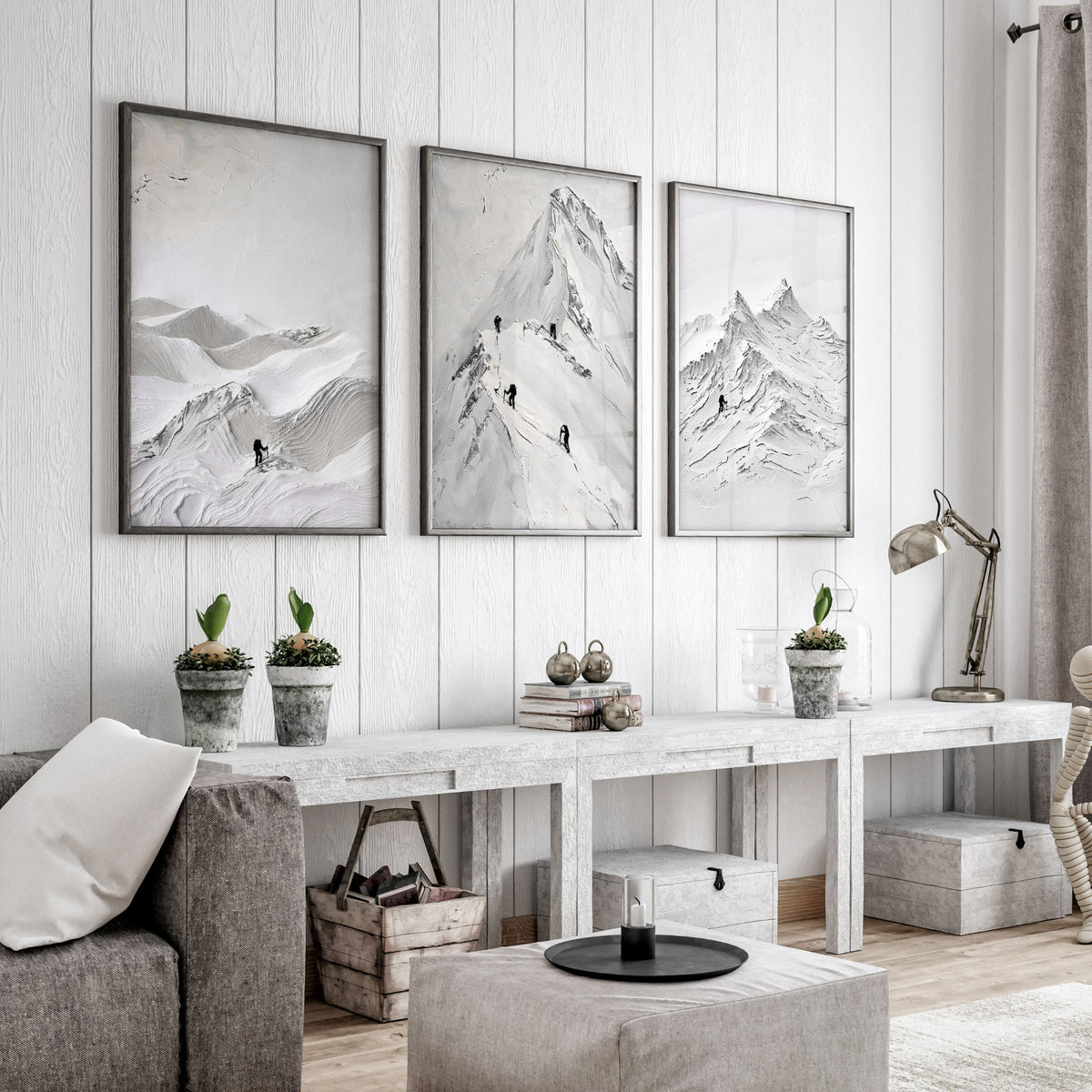 Pictures for Living Room Walls Scandi Mountain Climbers wall art displayed on a wall in a styled room — view 5