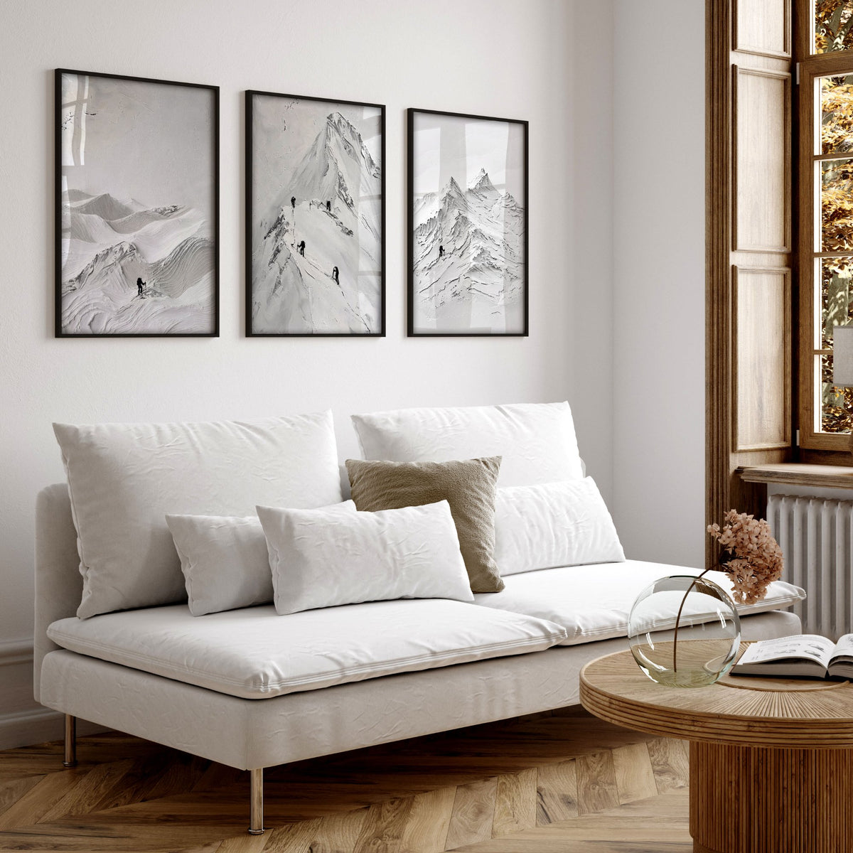 Pictures for Living Room Walls Scandi Mountain Climbers wall art displayed on a wall in a styled room — view 6
