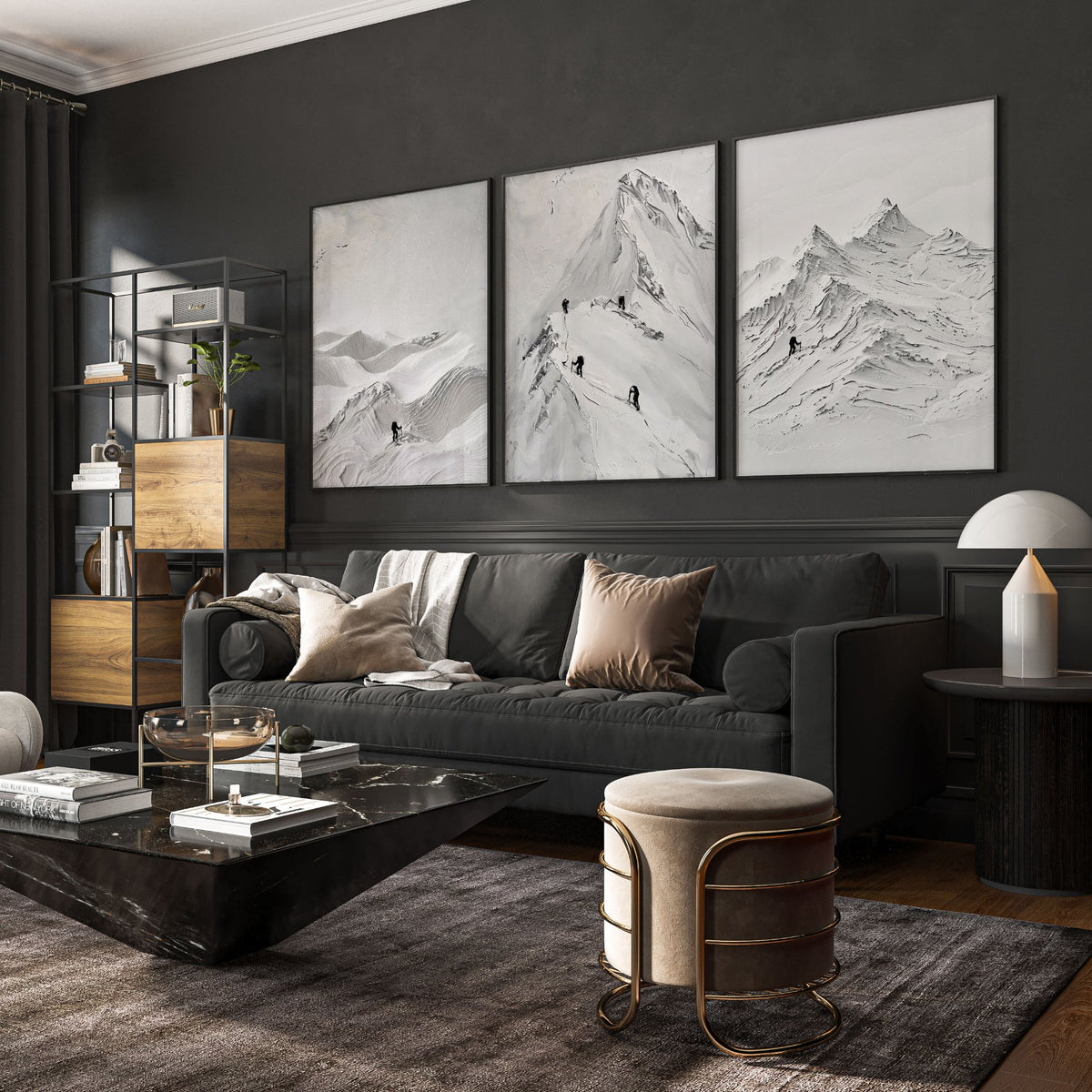 Pictures for Living Room Walls Scandi Mountain Climbers wall art displayed on a wall in a styled room — view 7