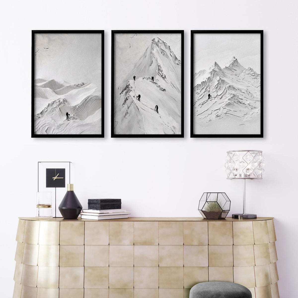 Pictures for Living Room Walls Scandi Mountain Climbers wall art displayed on a wall in a styled room — view 9