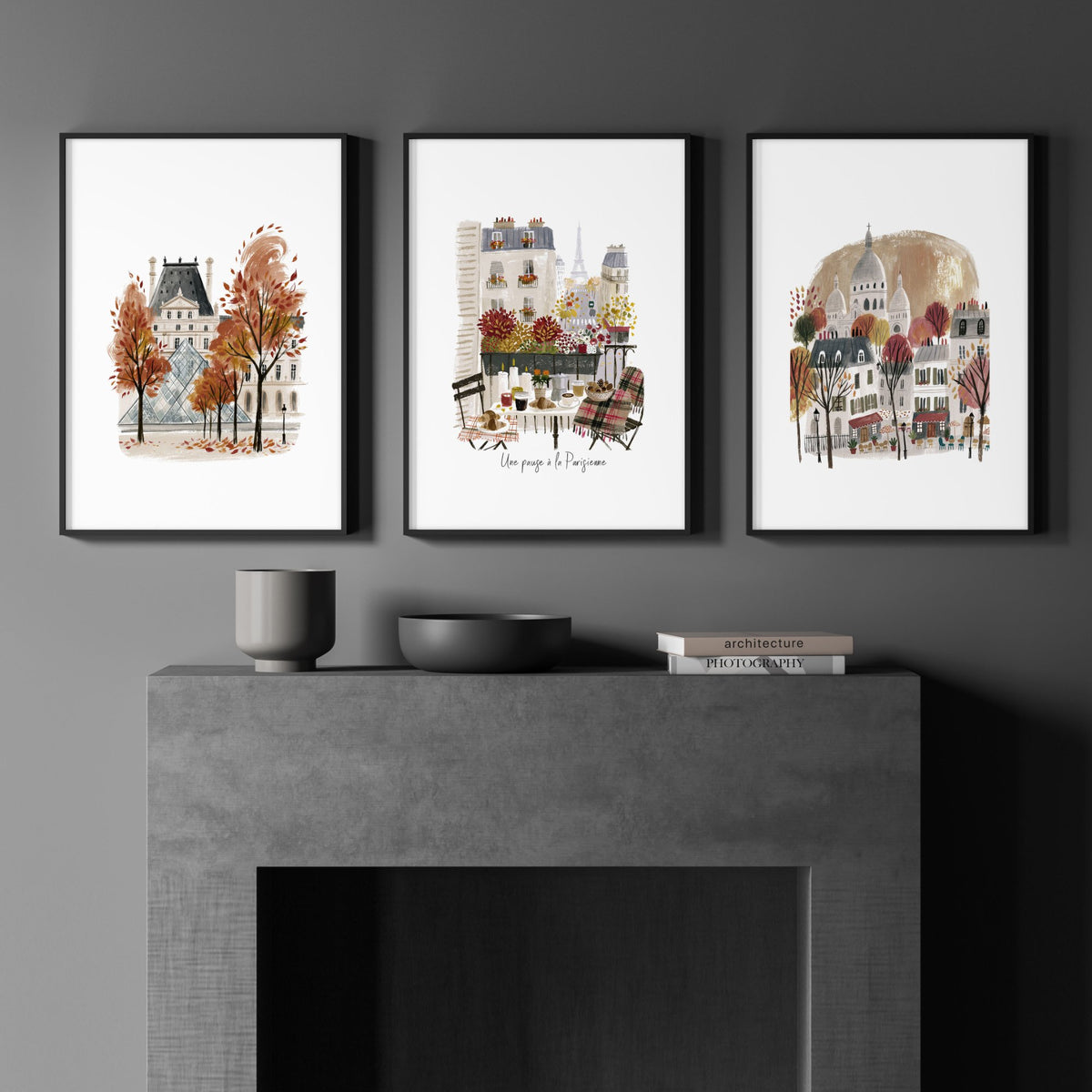Pictures for Lounges Paris Autumn Travel wall art | "Une pause à la Parisienne" Eiffel Tower, Louvre & Montmartre displayed on a wall in a styled room