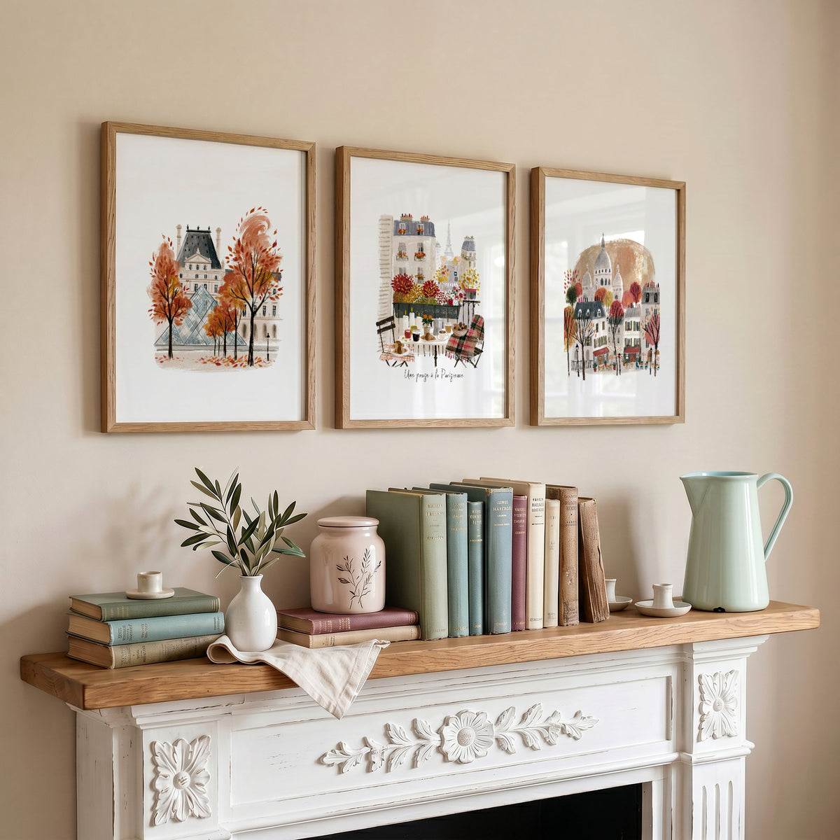 Pictures for Lounges Paris Autumn Travel wall art | "Une pause à la Parisienne" Eiffel Tower, Louvre & Montmartre displayed on a wall in a styled room — view 4