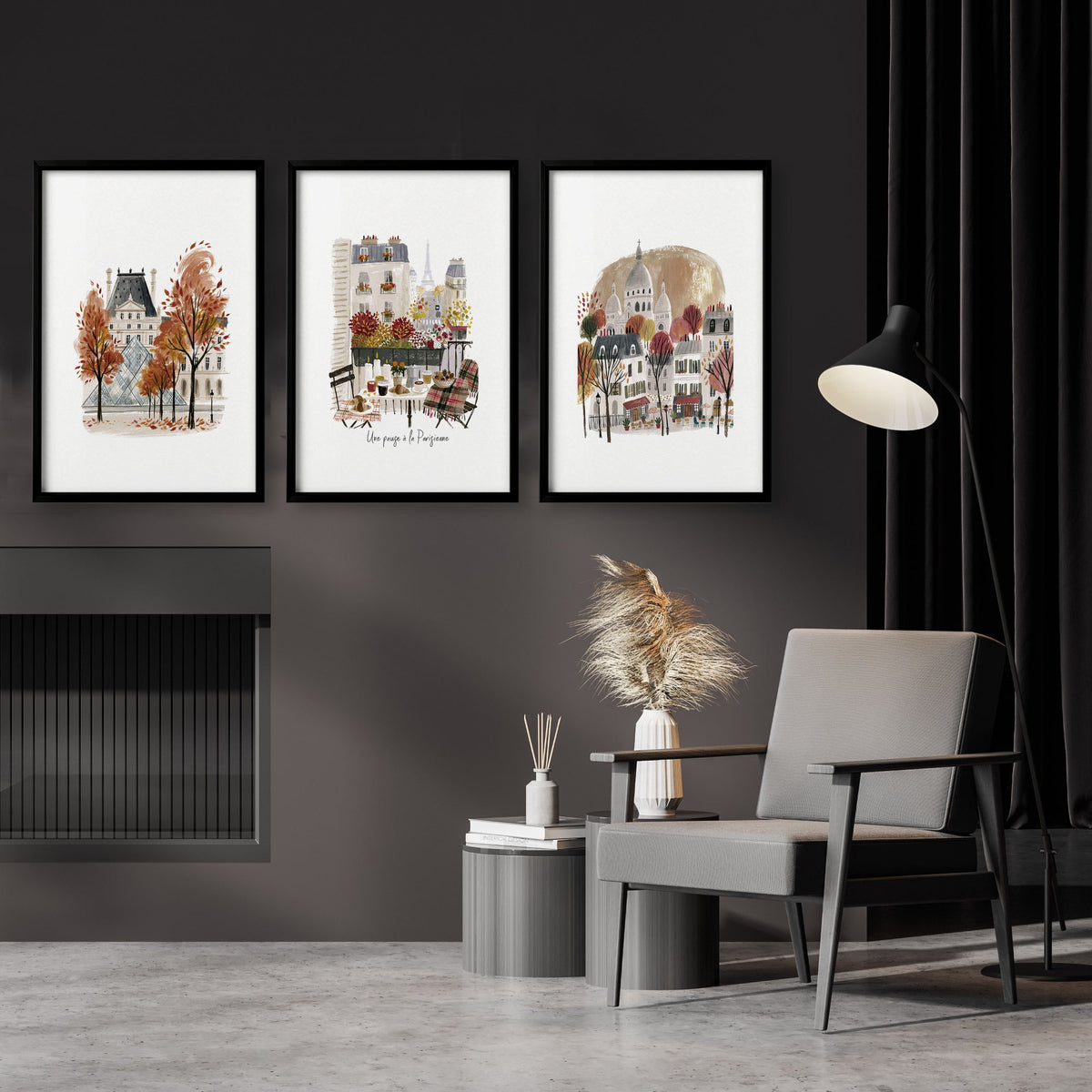 Pictures for Lounges Paris Autumn Travel wall art | "Une pause à la Parisienne" Eiffel Tower, Louvre & Montmartre displayed on a wall in a styled room — view 5