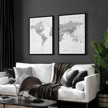 Pictures for My Living Room Vintage Grey World Map wall art displayed on a wall in a styled room