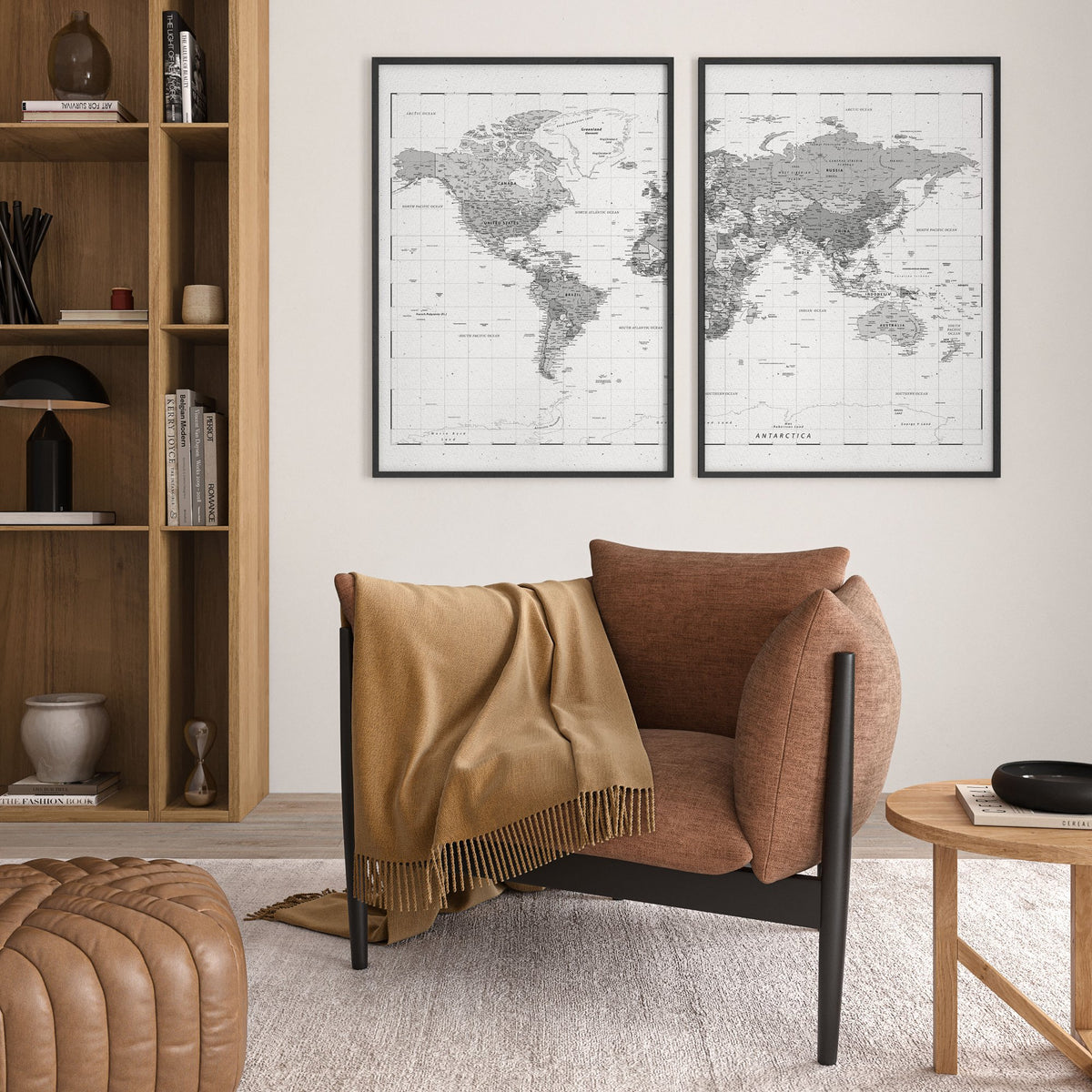 Pictures for My Living Room Vintage Grey World Map wall art displayed on a wall in a styled room — view 3
