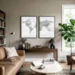 Pictures for My Living Room Vintage Grey World Map wall art displayed on a wall in a styled room — view 4