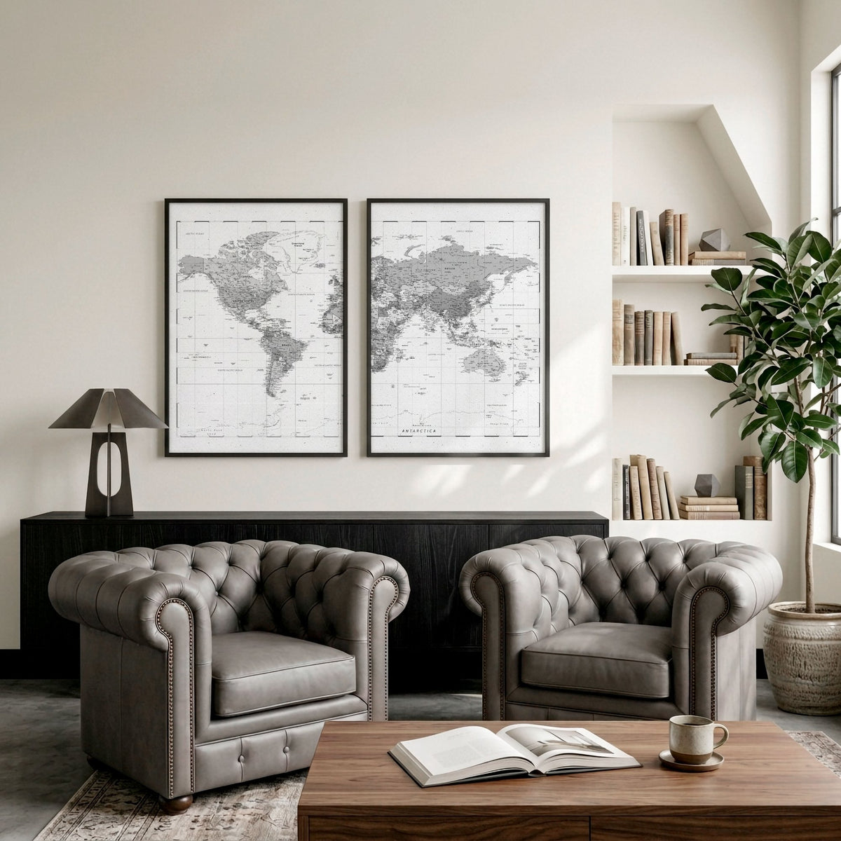 Pictures for My Living Room Vintage Grey World Map wall art displayed on a wall in a styled room — view 6