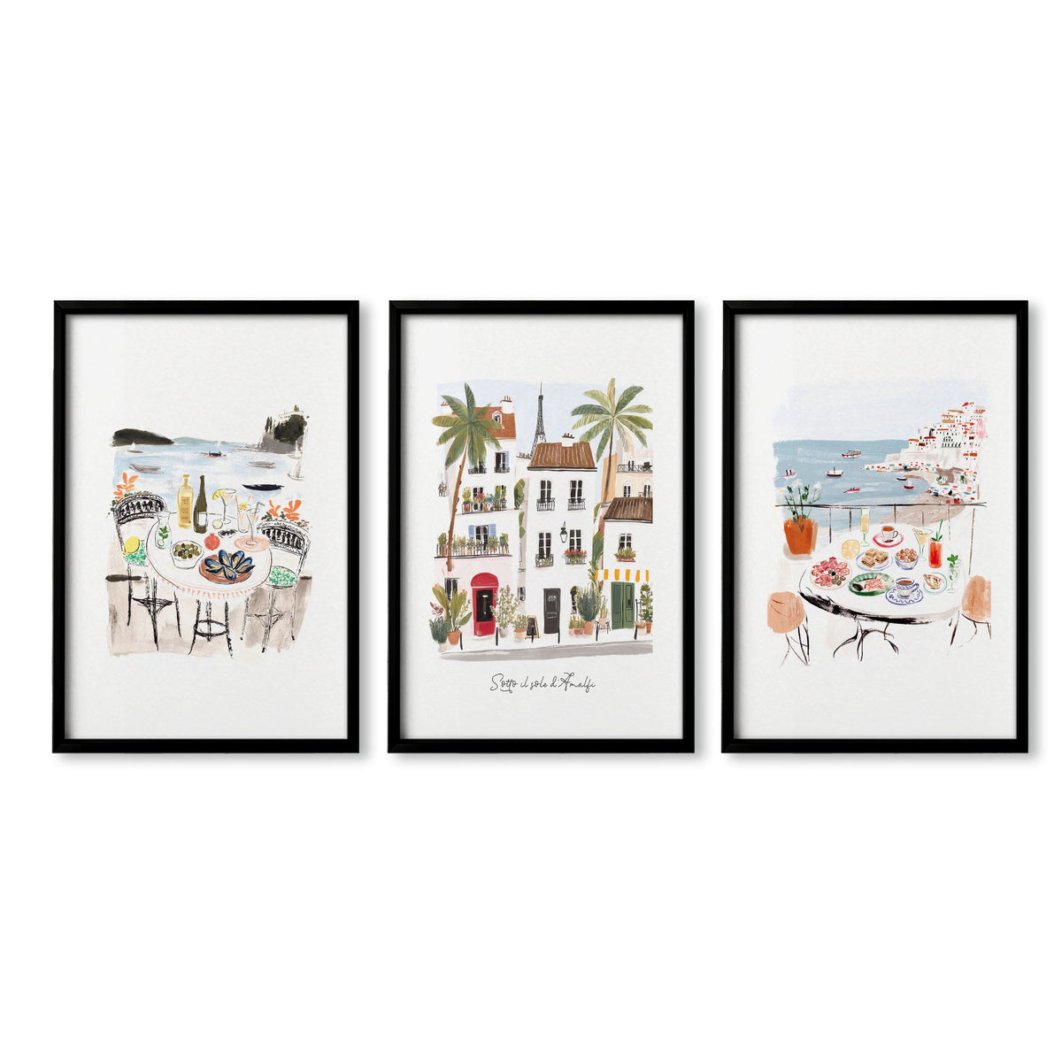 Pictures for the Bedroom Coastal Amalfi Mediterranean Watercolour wall art | "Sotto il sole d'Amalfi" in a black frame