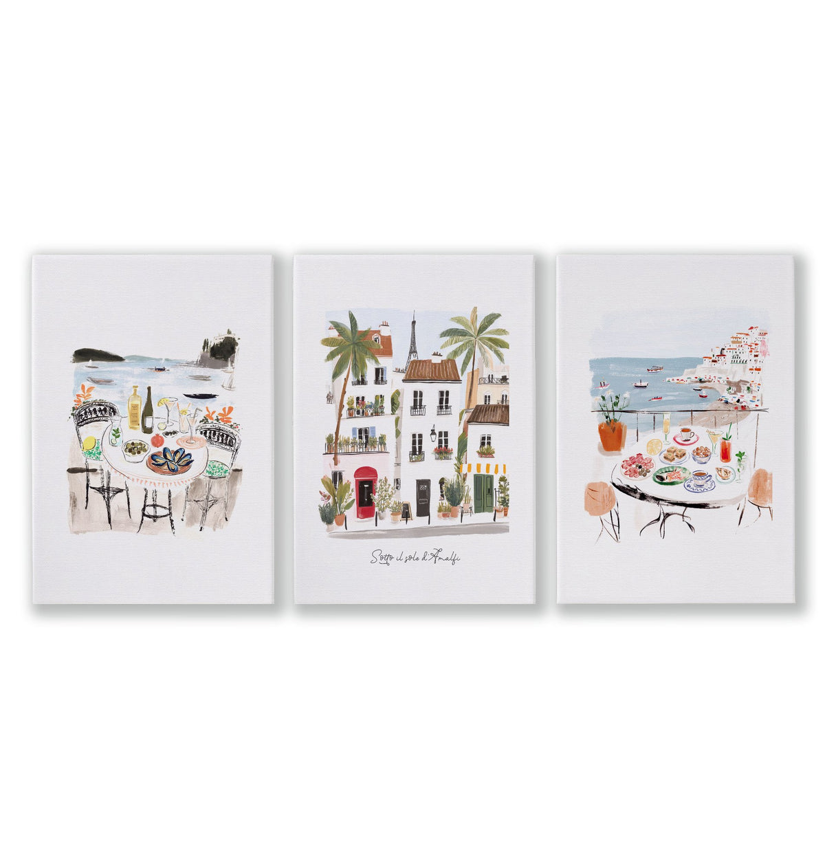Pictures for the Bedroom Coastal Amalfi Mediterranean Watercolour wall art | "Sotto il sole d'Amalfi" as a wrapped canvas