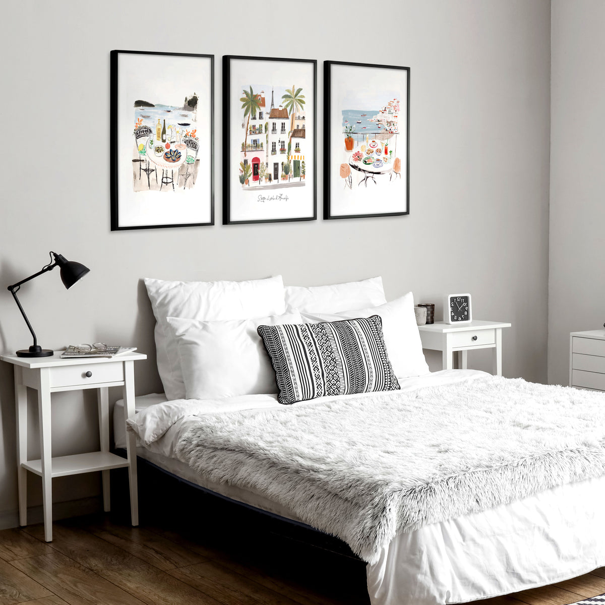 Pictures for the Bedroom Coastal Amalfi Mediterranean Watercolour wall art | "Sotto il sole d'Amalfi" displayed on a wall in a styled room — view 10