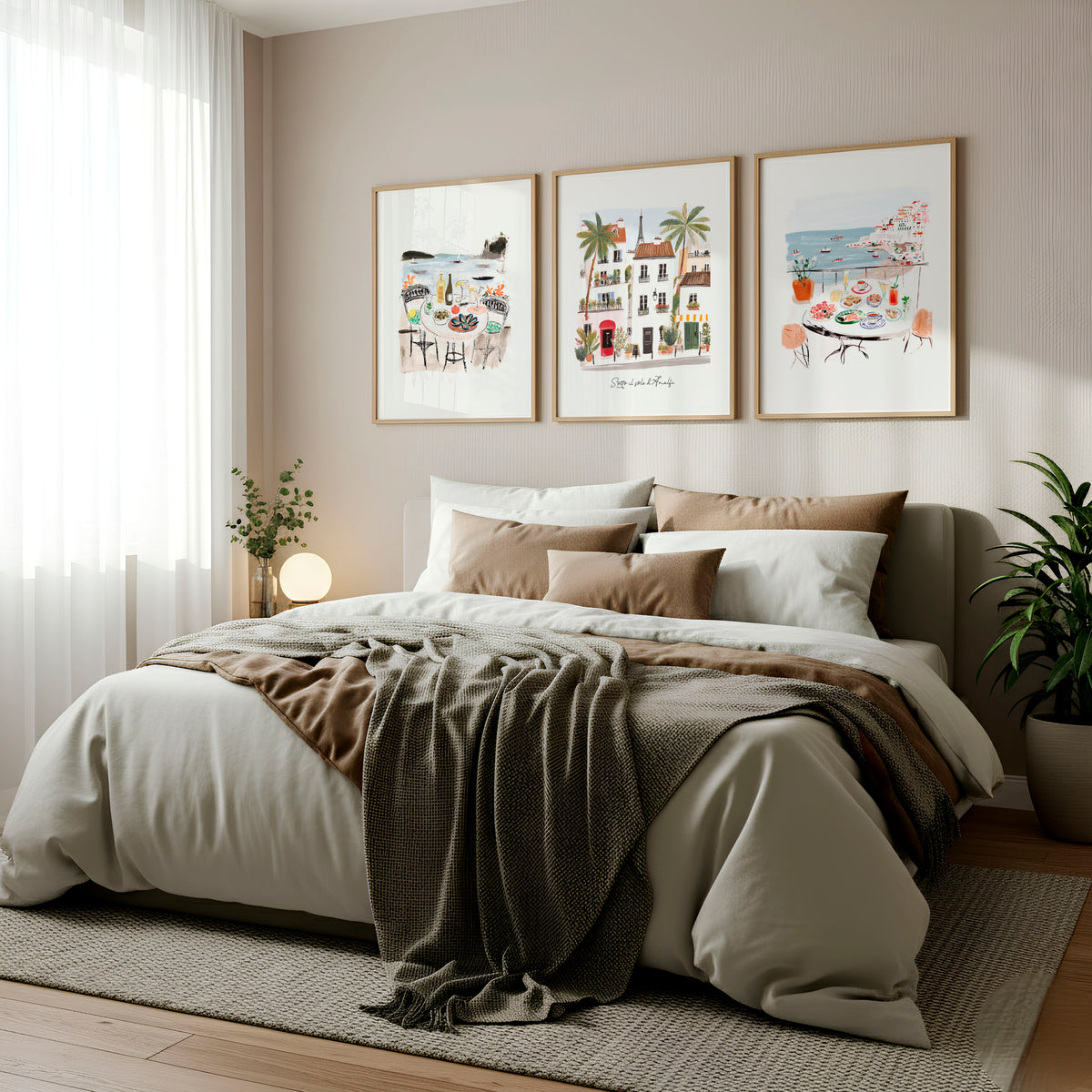 Pictures for the Bedroom Coastal Amalfi Mediterranean Watercolour wall art | "Sotto il sole d'Amalfi" displayed on a wall in a styled room — view 5