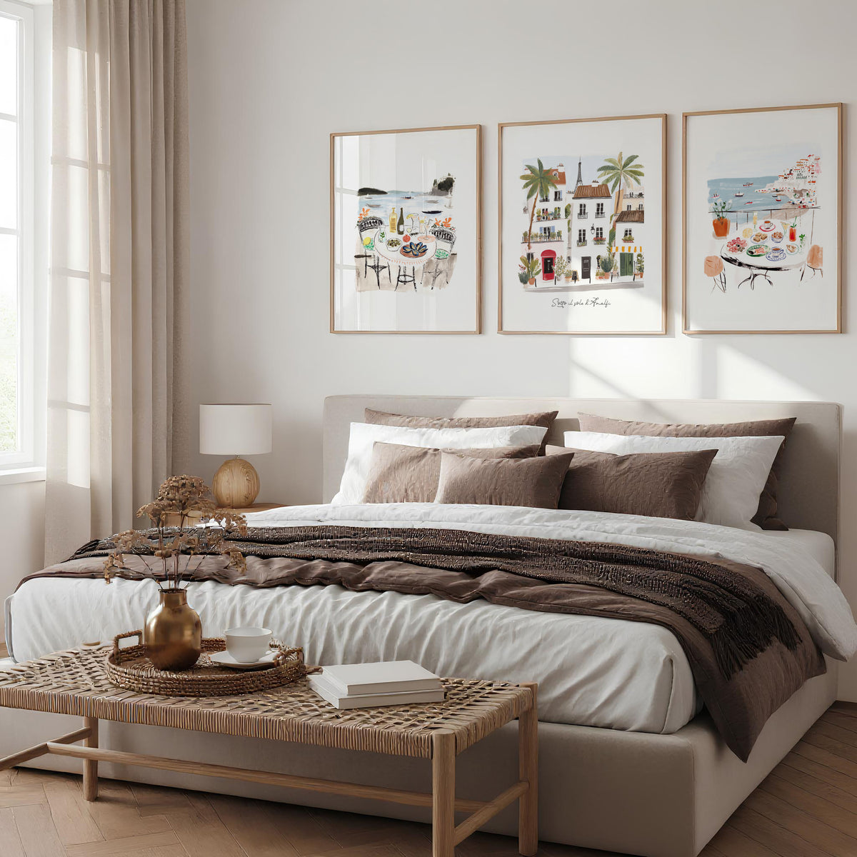 Pictures for the Bedroom Coastal Amalfi Mediterranean Watercolour wall art | "Sotto il sole d'Amalfi" displayed on a wall in a styled room — view 6