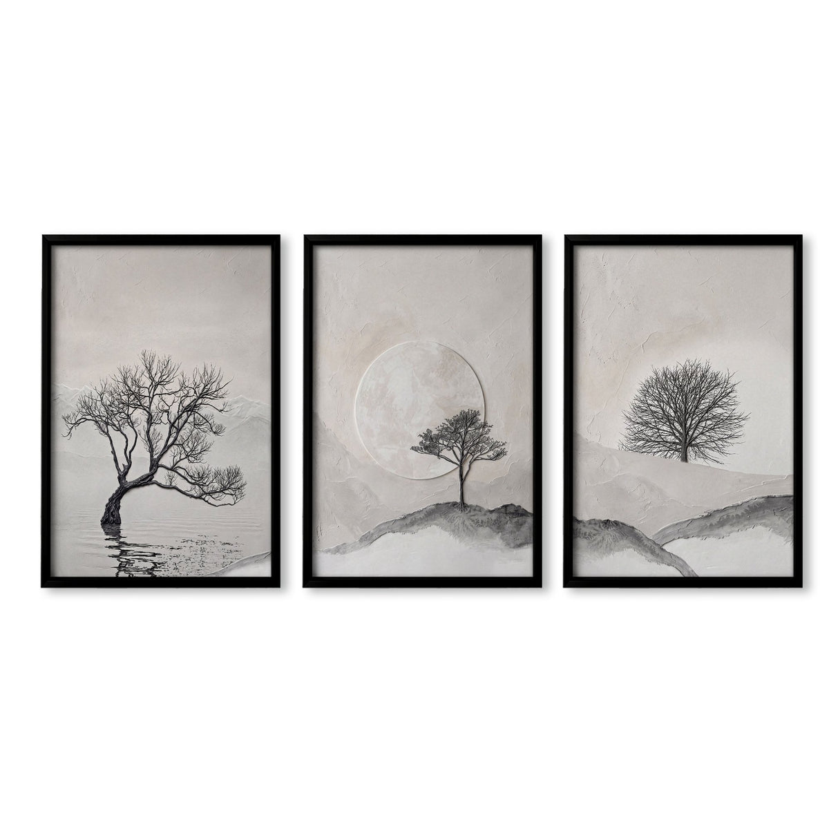 Pictures for the Bedroom Wall Scandinavian Landscape Trees Beige & Black in a black frame