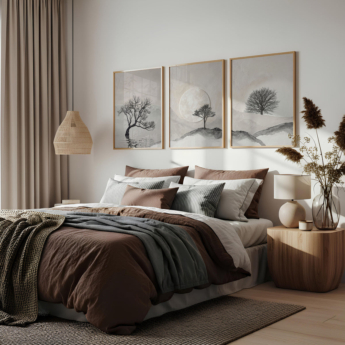 Pictures for the Bedroom Wall Scandinavian Landscape Trees Beige & Black displayed on a wall in a styled room — view 2