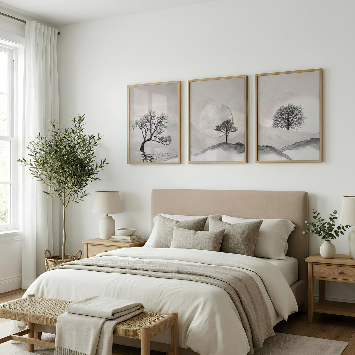 Pictures for the Bedroom Wall Scandinavian Landscape Trees Beige & Black displayed on a wall in a styled room — view 6