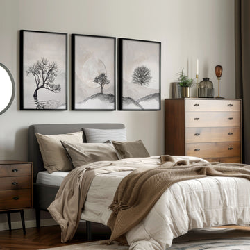 Pictures for the Bedroom Wall Scandinavian Landscape Trees Beige & Black displayed on a wall in a styled room — view 9
